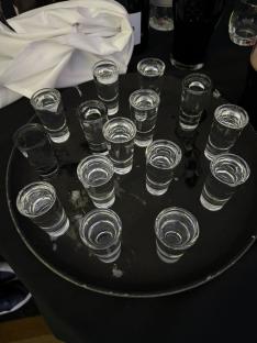 Tray of shot glasses.