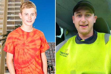 Then and now photos of a person, one as a teenager and one as an adult in a work uniform.