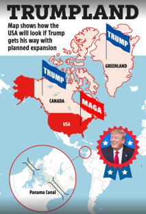 Illustration of a map showing a hypothetical expansion of the USA under Trump, including Canada and Greenland.
