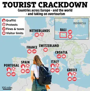Map illustrating tourist crackdowns in Europe and Bali, showing measures like fines, taxes, and visitor limits.