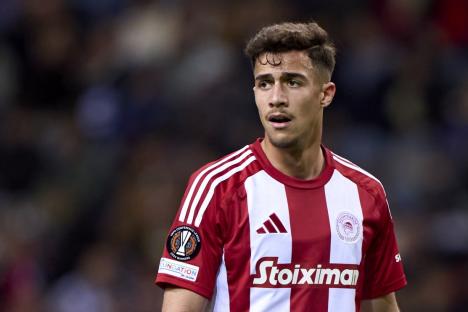 Charalampos Kostoulas of Olympiacos El Pireo looks on during the UEFA Europa League match between FC Porto and Olympiacos El Pireo at Estadio Do Dragao in Porto, Portugal, on January 23, 2025. (Photo by Jose Manuel Alvarez Rey/JAR Sport Images/NurPhoto via Getty Images)