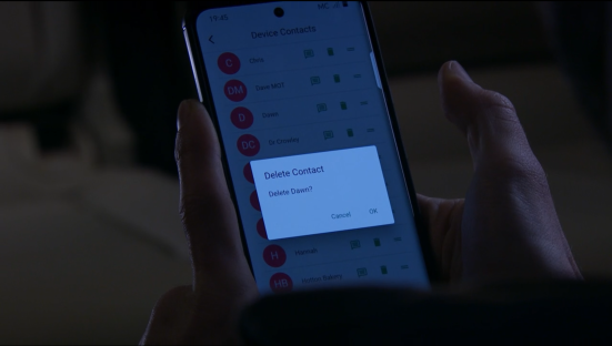 Smartphone displaying a delete contact prompt for "Dawn".