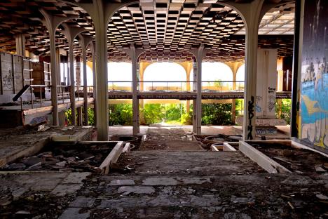 Ruined interior of a luxury hotel.
