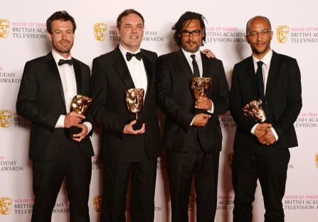 David Olusoga and fellow winners of the Specialist Factual award for Britain's Forgotten Slave Owners pose in the winners room at the House Of Fraser British Academy Television Awards 2016 at the Royal Festival Hall on May 8, 2016 in London, England. 