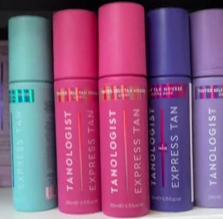 Tanologist Express Tan bottles on a supermarket shelf, on sale for £3.20.