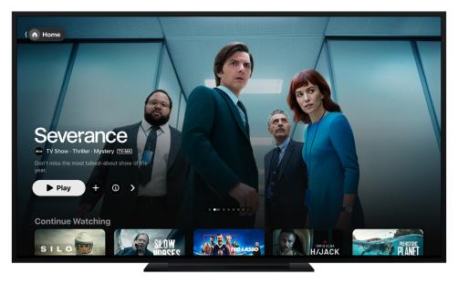 Apple TV screen showing Severance, a thriller mystery TV show, and other shows to continue watching.