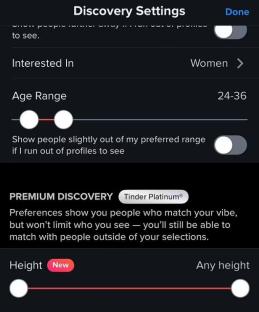 Tinder app settings showing options for age, gender, and height preferences.