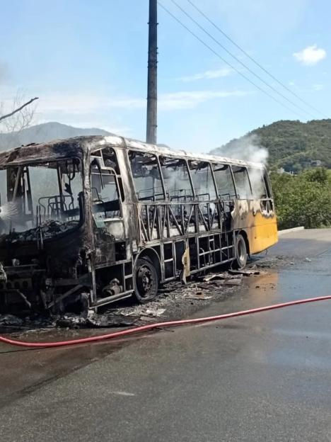 A charred bus with smoke rising from its rear, parked on a wet road next to a red hose.