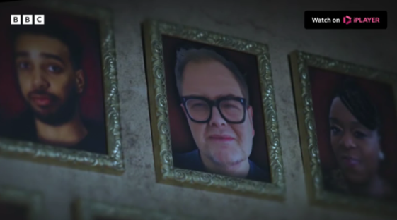 Framed portraits of three people on a wall.