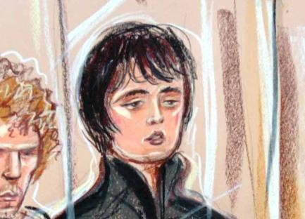 Courtroom sketch of Alan Wass and Pete Doherty on trial for blackmail and robbery.