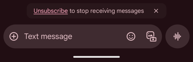 Screenshot of Google Messages interface showing an unsubscribe button and options to send text, emojis, images, and audio messages.