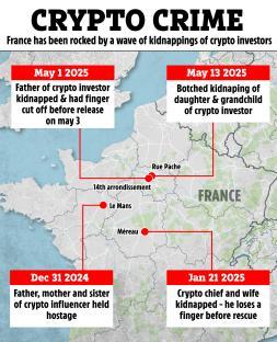 Map of France showing locations of crypto investor kidnappings.