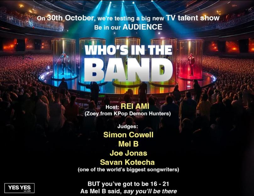 Illustration of a TV talent show stage with "WHO'S IN THE BAND" on it, featuring hosts and judges.