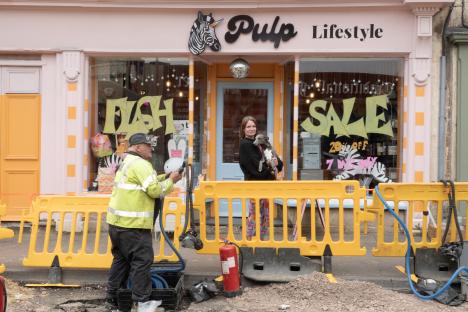 A damaged gas main in Nailsworth, Gloucestershire, has closed off a street in front of a shop called Pulp Lifestyle.