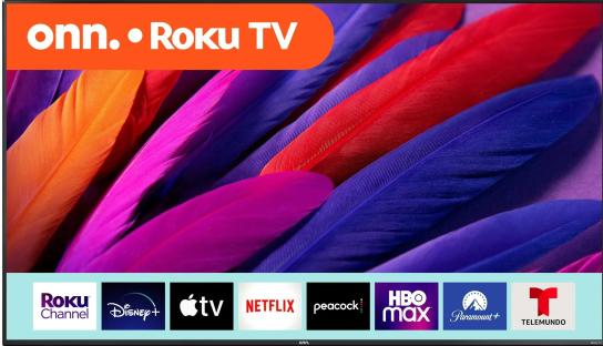 65-inch Onn. Roku TV displaying various streaming service logos.