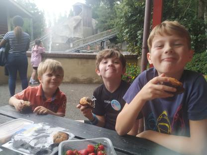 Three boys eating muffins at a picnic table with strawberries.