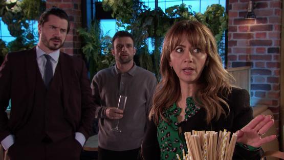 Three people react to a woman's statement.