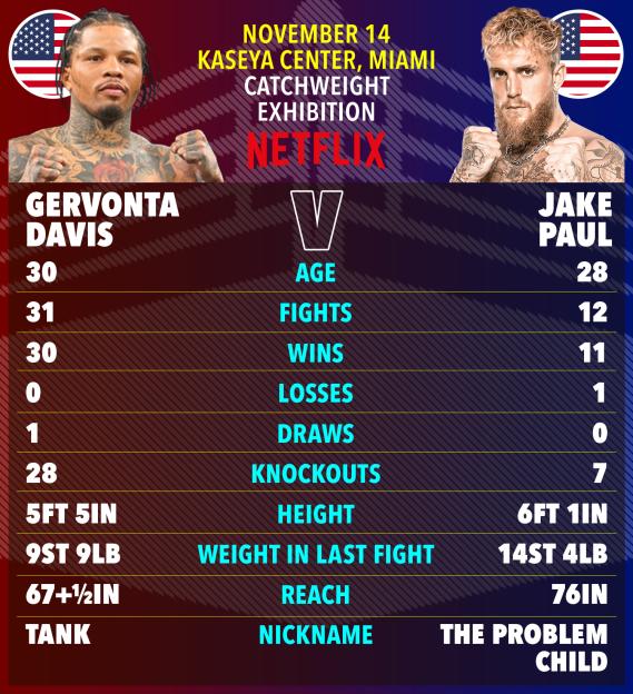 Boxer Gervonta Davis vs. Jake Paul fight statistics table.