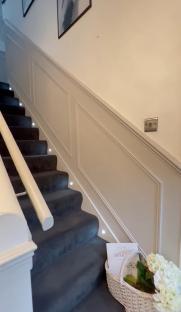 Screenshot of a carpeted staircase with wall paneling and a basket of flowers at the bottom.