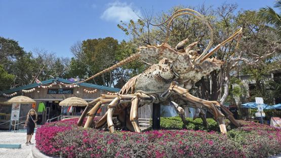 Large lobster statue in front of Rain Barrel Village shop.
