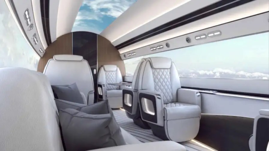 Illustration of the luxurious interior of a private jet with quilted white leather seats and a large window showing clouds.
