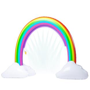 Rainbow sprinkler with inflatable clouds.