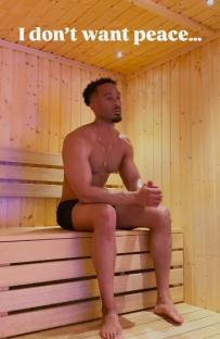 Man sitting in a sauna, saying 