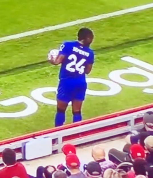 Screenshot showing a fan in a wheelchair appearing to racially abuse footballer Antoine Semenyo.
