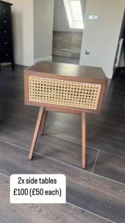Two brown wooden side tables with woven cane fronts, £100 (£50 each).