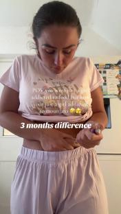 Woman injecting herself with Mounjaro; 3-month difference shown.