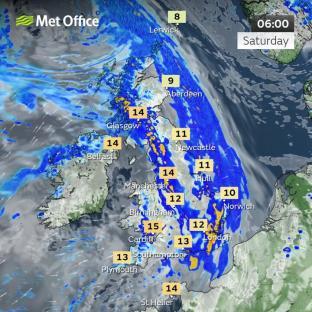 UK weather map showing rain and temperatures.