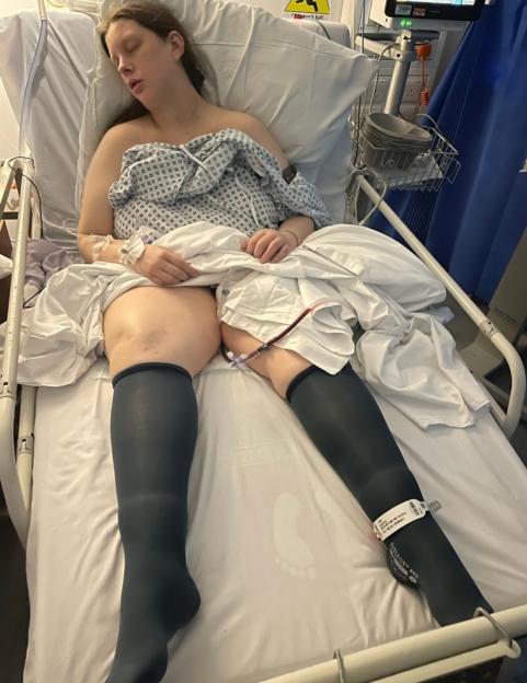 Frances Tatum in a hospital bed for a blood transfusion.