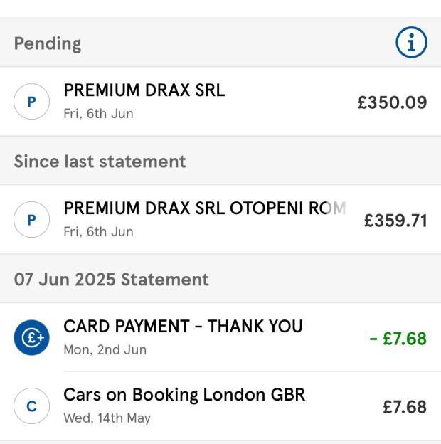 Screenshot of bank statement showing car rental charges.