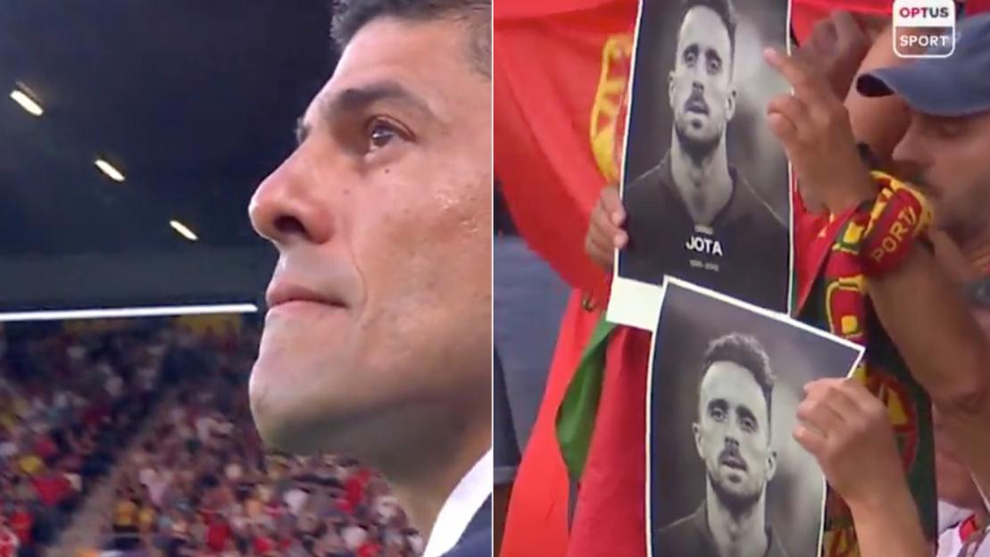 Portugal manager in tears as fans hold up Diogo Jota pictures during Women’s Euro minute’s silence for Liverpool star