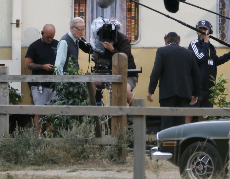 Behind-the-scenes photo of the filming of California Avenue, featuring Bill Nighy and Erin Doherty.