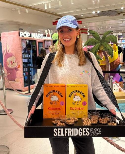 Woman promoting SuperKeen cereal at Selfridges & Co.