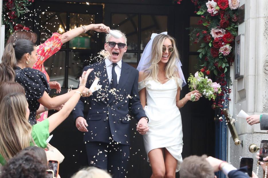 LONDON, ENGLAND - APRIL 14: Made In Chelsea stars Sophie Habboo and Jamie Laing get married at Chelsea Registry Office on April 14, 2023 in London, England. (Photo by GC Images/GC Images)