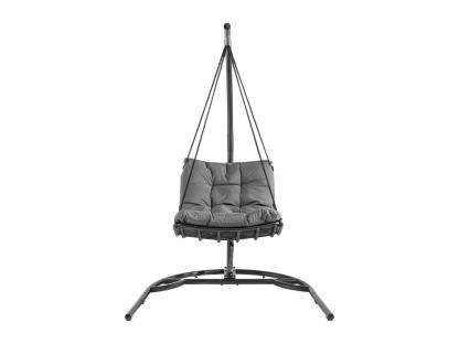 Hanging garden chair with gray cushion.
