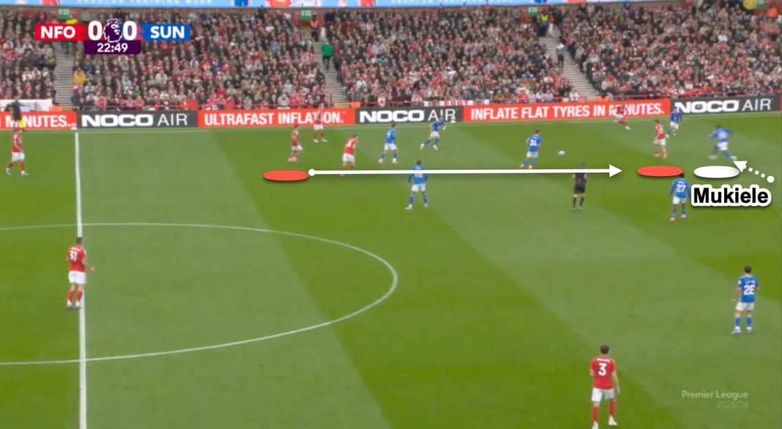 A soccer player from the Sunderland team passes the ball to another teammate in front of a red and white crowded stadium.
