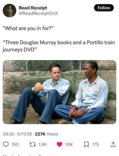 Screenshot of a tweet showing a meme with a still image from a movie and the caption: