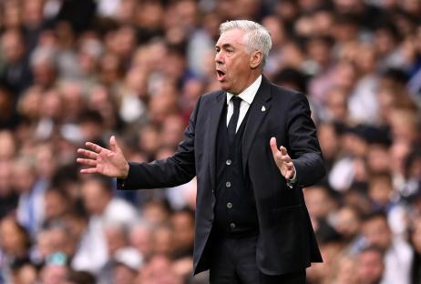 Carlo Ancelotti, Real Madrid head coach, gesturing during a game.