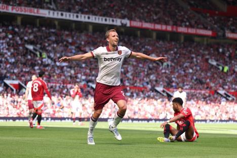 Tomas Soucek of West Ham United celebrating a goal.