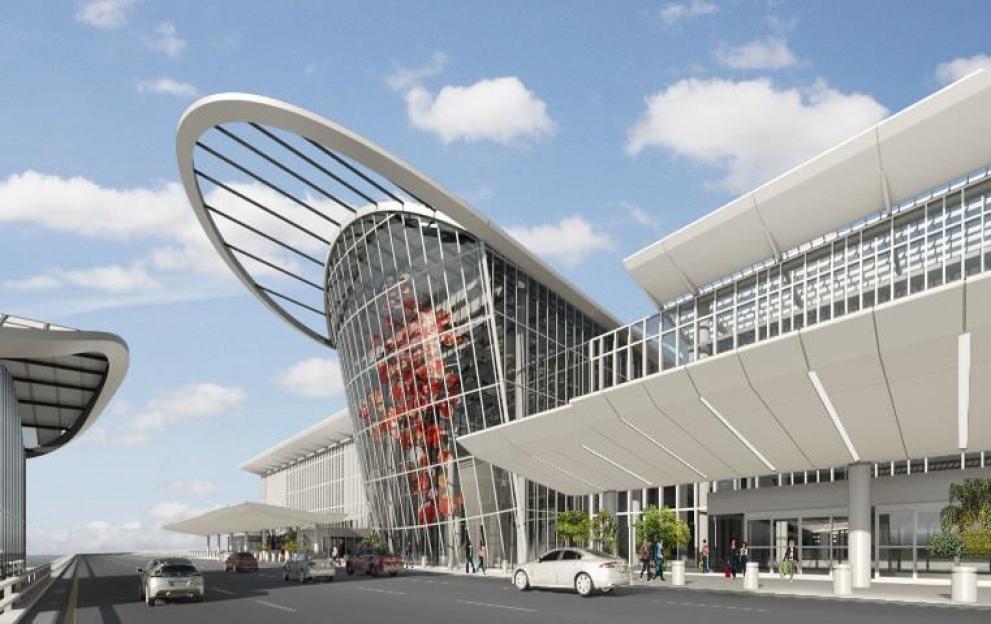 Illustration of the Orlando International Airport expansion with a large glass facade featuring red artwork.