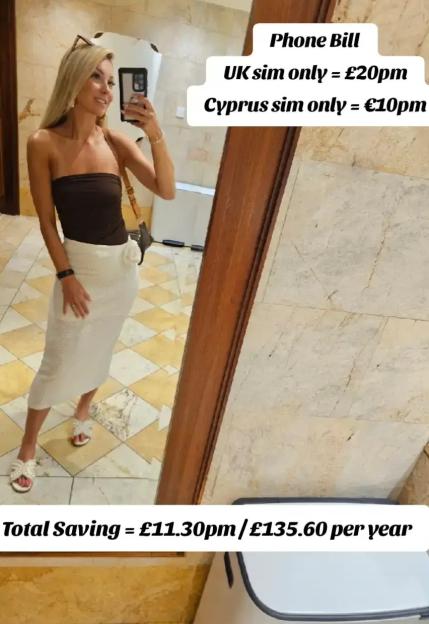 Woman in mirror showing phone bill comparison: UK SIM £20/month vs Cyprus SIM €10/month, total savings £11.30/month or £135.60/year.