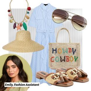 Collage of Emily, a fashion assistant's summer outfit: striped shirt dress, straw hat, sunglasses, beaded necklace, Howdy Cowboy tote bag, and straw slides.