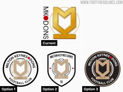 MK Dons badge design options: current and three proposed alternatives.