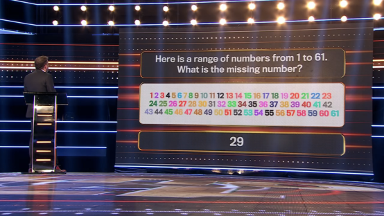 Screenshot of a game show question: What is the missing number in the sequence from 1 to 61? The answer 29 is shown.
