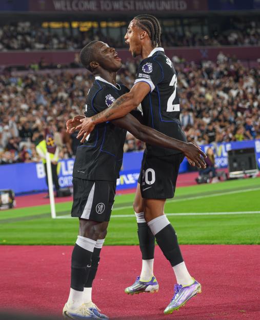 Moises Caicedo and Joao Pedro celebrating a Chelsea goal.