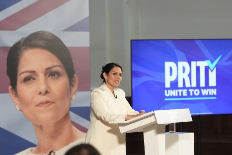 Priti Patel speaking at a Conservative Party leadership campaign event.