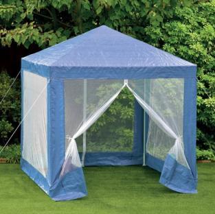 Blue gazebo with mesh sides.